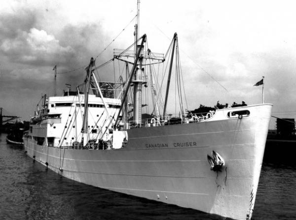 Image: black and white, view of the bow end of the Canadian Cruiser 