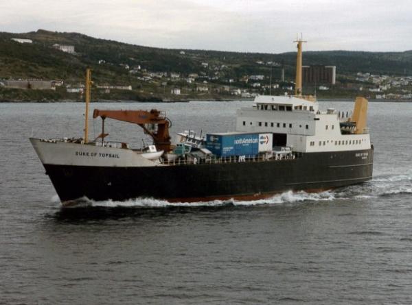 Image: MV Duke of Topsail transporting fishing boats and shipping containers 